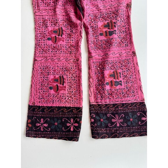 Vintage Made in India Pink Embellished Embroidered Cotton Bootcut Pants, Size L - Picture 10 of 16